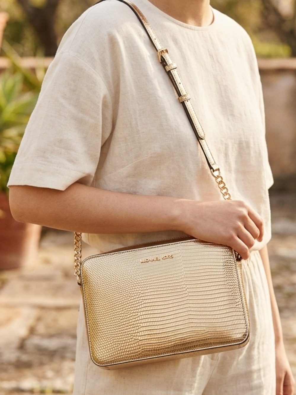 Michael Kors Metallic Gold Lizard-Embossed Crossbody Bag